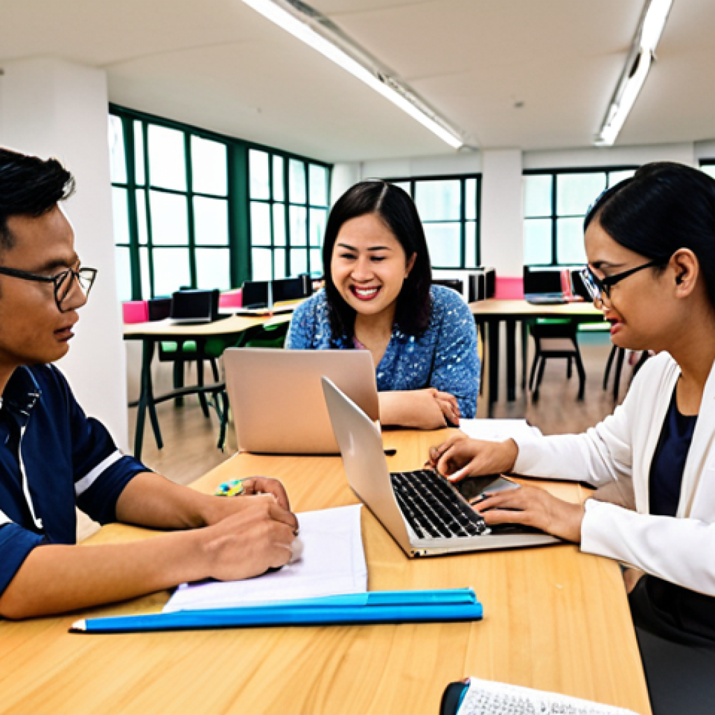 **

> A group of Malaysian teachers collaborating on exam preparation in a vibrant, modern co-working space. Some are discussing notes, others are on laptops accessing online resources, while one is receiving guidance from a mentor. Capture a sense of community, support, and focused learning. Include elements of Malaysian culture subtly in the background.

**