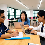 **

> A group of Malaysian teachers collaborating on exam preparation in a vibrant, modern co-working space. Some are discussing notes, others are on laptops accessing online resources, while one is receiving guidance from a mentor. Capture a sense of community, support, and focused learning. Include elements of Malaysian culture subtly in the background.

**