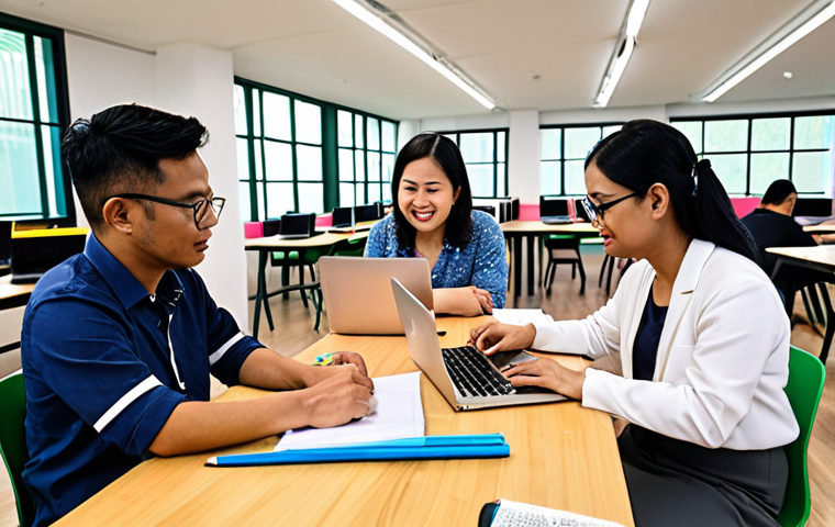 **

> A group of Malaysian teachers collaborating on exam preparation in a vibrant, modern co-working space. Some are discussing notes, others are on laptops accessing online resources, while one is receiving guidance from a mentor. Capture a sense of community, support, and focused learning. Include elements of Malaysian culture subtly in the background.

**