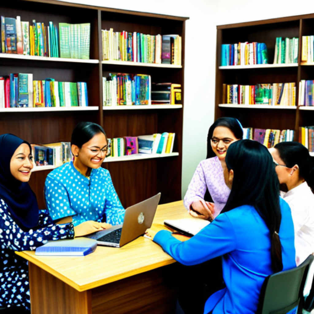 **

A diverse group of Malaysian teachers collaborating in a bright, modern teachers' lounge. Some are discussing lesson plans, others are working on laptops, and one is leading a small group discussion.  All are fully clothed in modest, professional attire (e.g., baju kurung, batik shirts).  The atmosphere is supportive and friendly.  Bookshelves and plants decorate the room. safe for work, appropriate content, perfect anatomy, natural proportions, professional, family-friendly.

**