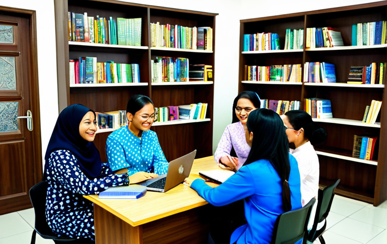 **

A diverse group of Malaysian teachers collaborating in a bright, modern teachers' lounge. Some are discussing lesson plans, others are working on laptops, and one is leading a small group discussion.  All are fully clothed in modest, professional attire (e.g., baju kurung, batik shirts).  The atmosphere is supportive and friendly.  Bookshelves and plants decorate the room. safe for work, appropriate content, perfect anatomy, natural proportions, professional, family-friendly.

**